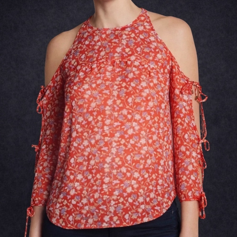 Veronica Beard Red Floral Cold Shoulder Blouse